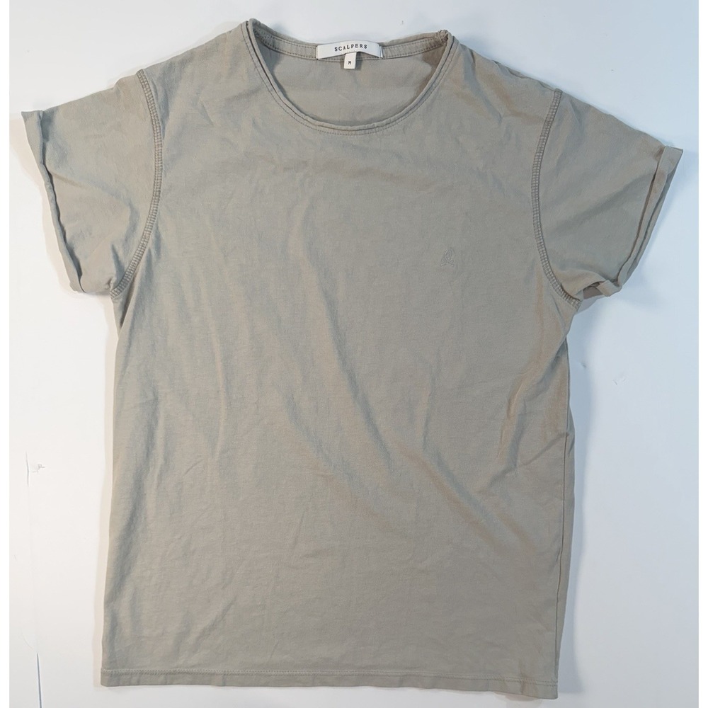 Scalpers T Shirt Medium Beige Minimal Logo Casual Basic Short Sleeve